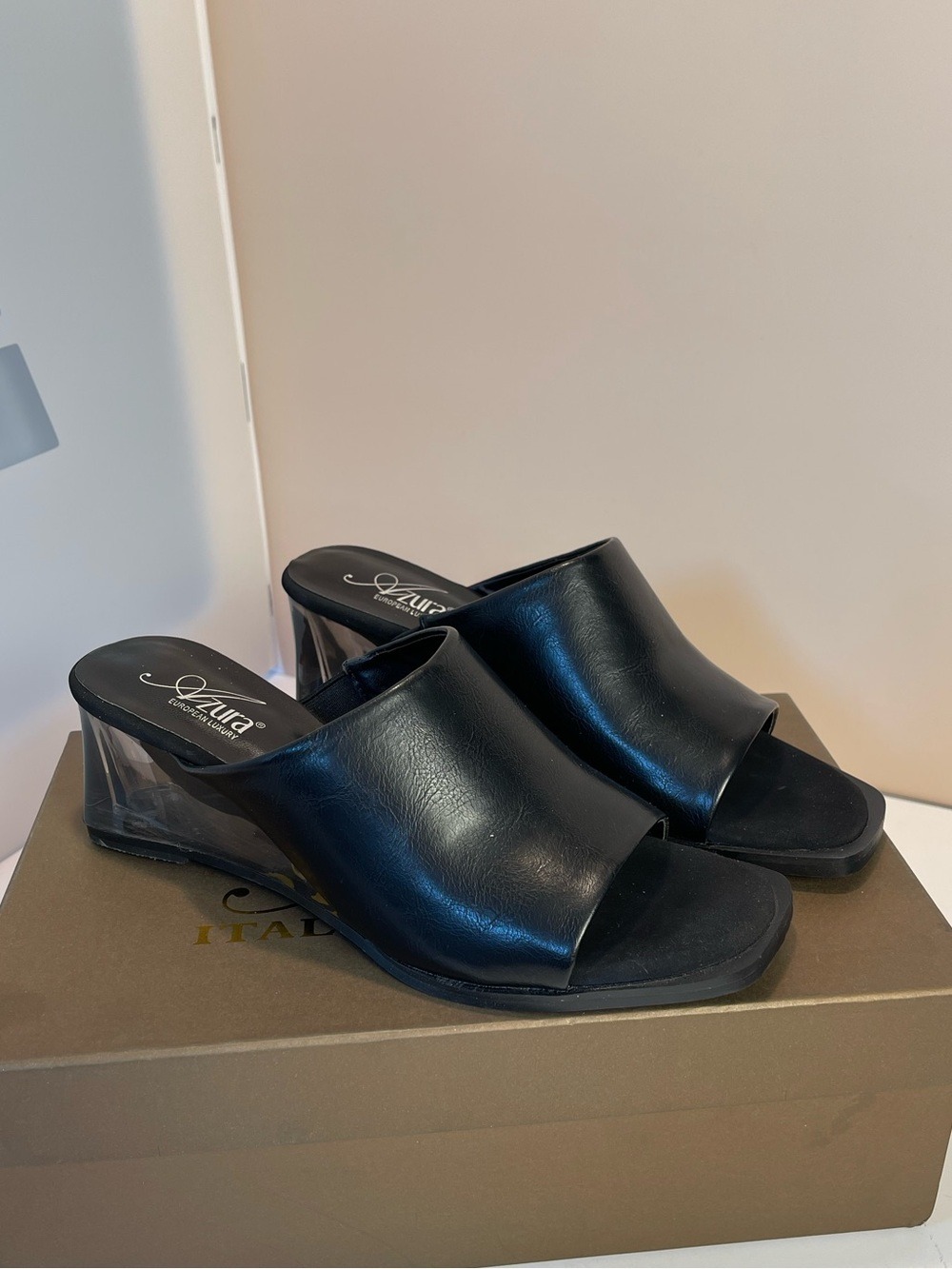 Azura Elettra-B Black Square Toe Mules with Architectural Clear Heel Size 37 EU